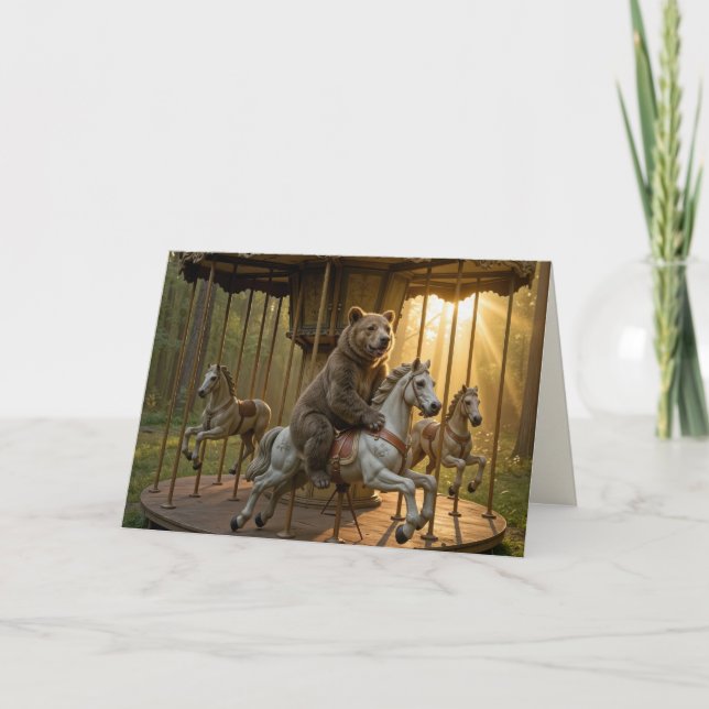 Tarjeta Birthday Bear Riding on a Carousel (Anverso)