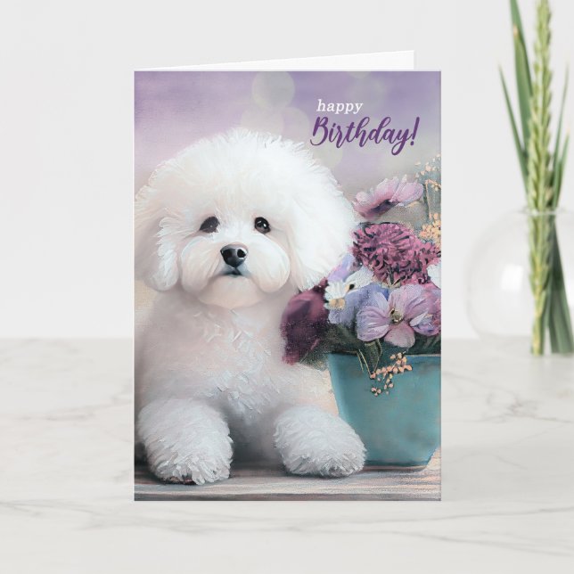 Tarjeta Birthday Bichon Frise Dog with Purple Flowers (Anverso)