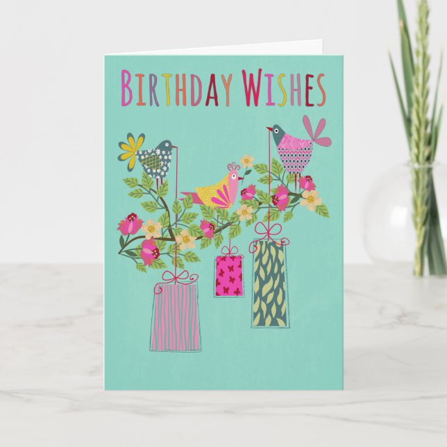 Tarjeta Birthday Birds with Presents on a Branch (Anverso)