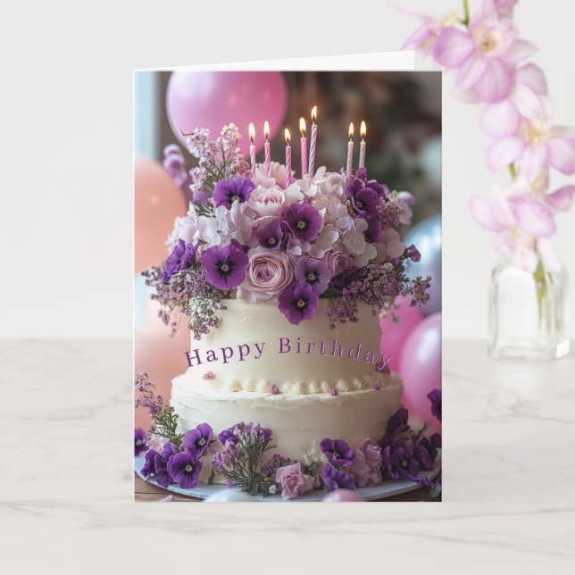 Tarjeta Birthday Cake Purple Pansies Hydrangea Birthday (Orquídea)