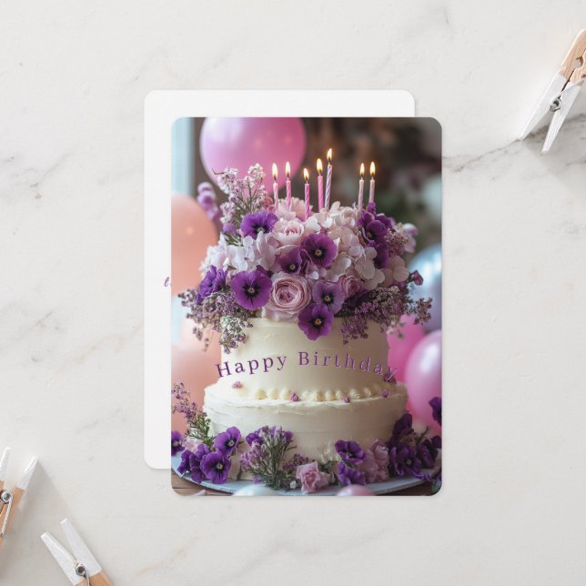 Tarjeta Birthday Cake Purple Pansies Hydrangea Birthday (Anverso/Reverso In Situ)
