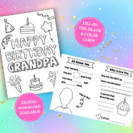 Tarjeta Birthday Card for Grandpa: Kids Coloring Activity