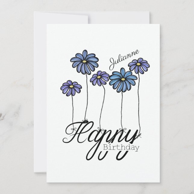 Tarjeta Birthday Card w Blue Flower Balloons and Name (Anverso)