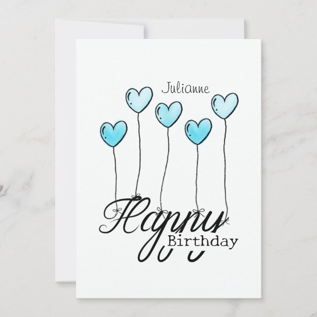 Tarjeta Birthday Card w Light Blue Heart Balloons And Name (Anverso)