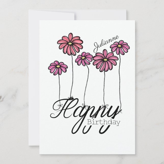 Tarjeta Birthday Card w Pink Flower Balloons and Name (Anverso)
