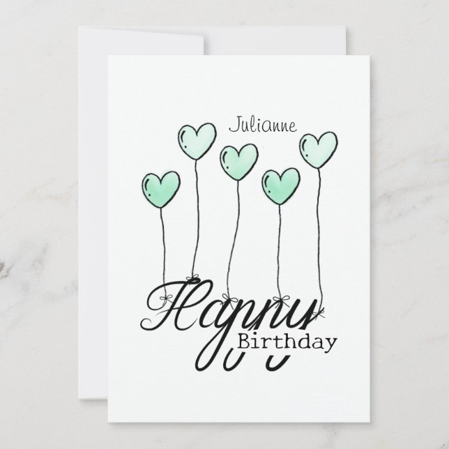 Tarjeta Birthday Card With Mint Heart Balloons And Name (Anverso)