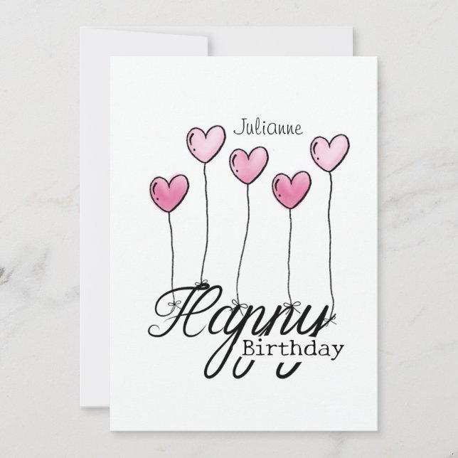 Tarjeta Birthday Card With Pink Heart Balloons And Name (Anverso)
