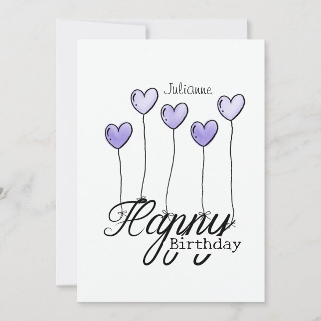 Tarjeta Birthday Card With Purple Heart Balloons And Name (Anverso)