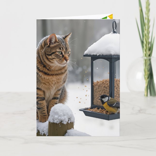 Tarjeta Birthday Cat Watching a Bird On a Feeder (Anverso)