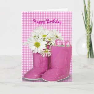 Tarjeta birthday daisies in pink boots