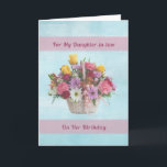 Tarjeta Birthday, Daughter-in-law, Colorful Flowers<br><div class="desc">A basket of colorful flowers including red and yellow roses, daisies, carnations, and green fern make a very nice soft floral image for this birthday card for a daughter-in-law. A pink ribbon is tied on the basket. Two pink banners provide the background for the text. The inside verse is a...</div>