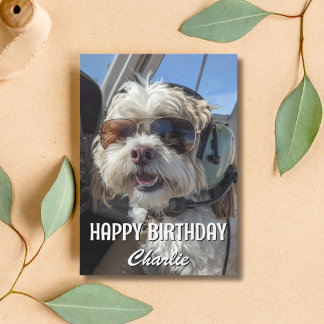 Tarjeta Birthday Dog Pilot Aviator Sunglasses Plane Funny