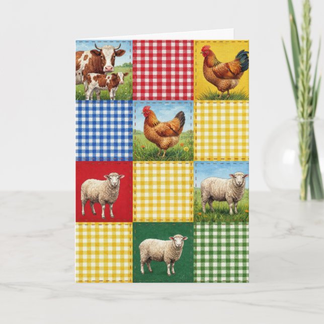 Tarjeta Birthday Farm Animals and Gingham Patchwork Quilt (Anverso)