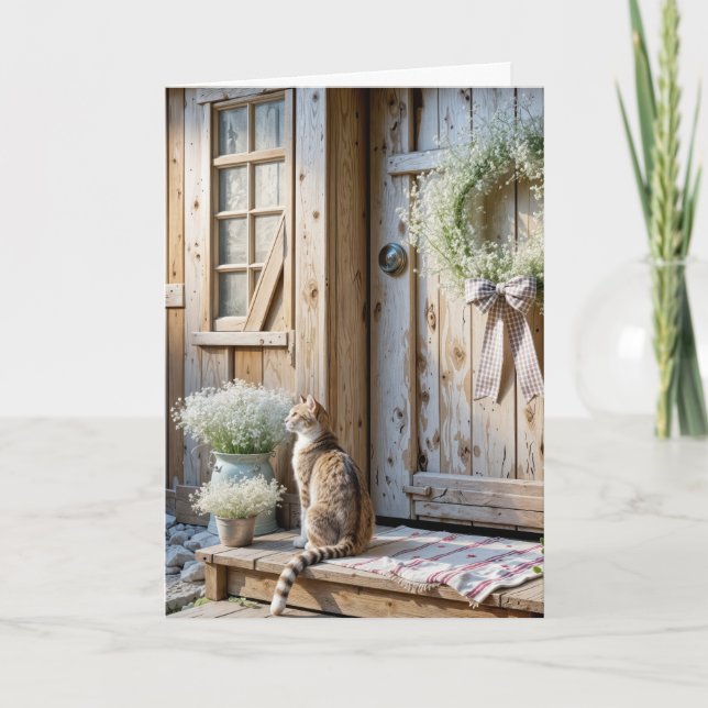Tarjeta Birthday Farmhouse Cat With Baby's Breath Wreath (Anverso)