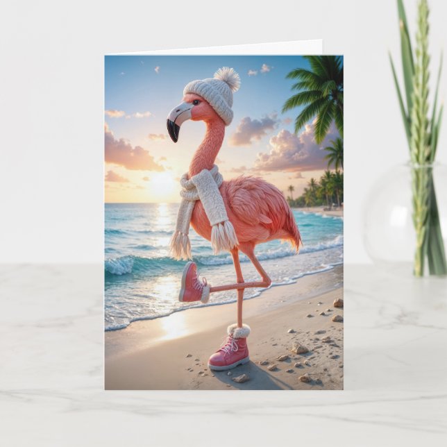 Tarjeta Birthday Flamingo Wearing Winter Boots and Scarf (Anverso)
