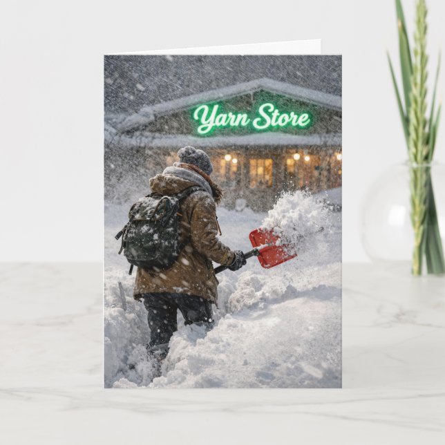 Tarjeta Birthday Girl Shoveling Snow to a Yarn Store (Anverso)