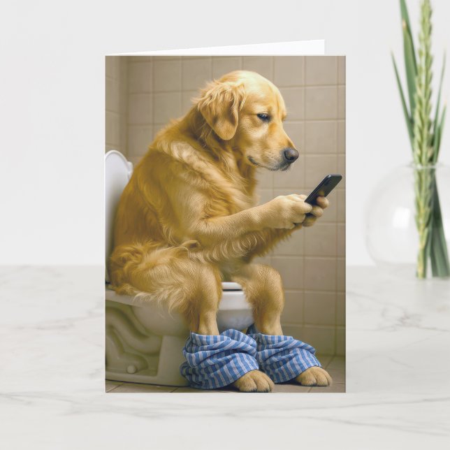Tarjeta Birthday Golden Retriever Texting On the Toilet (Anverso)