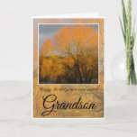 Tarjeta Birthday Grandson,  Sunkissed Winter Trees.<br><div class="desc">Happy Birthday Special Grandson,  with trees in Winter around a lake reflecting against orange sunlight.
Text says: (Outside)Happy Birthday to a very special Grandson(Inside) You deserve every happiness today.</div>