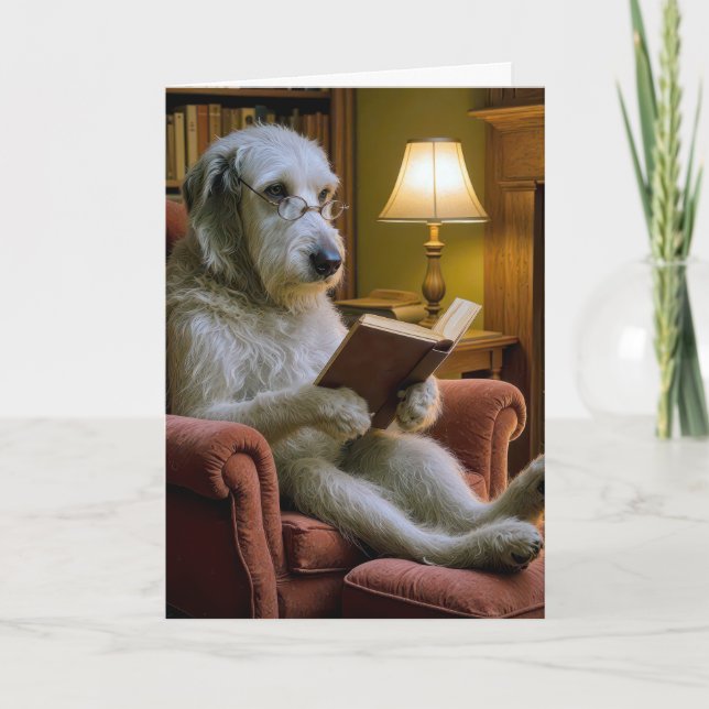 Tarjeta Birthday Irish Wolfhound Dog Reading a Book  (Anverso)