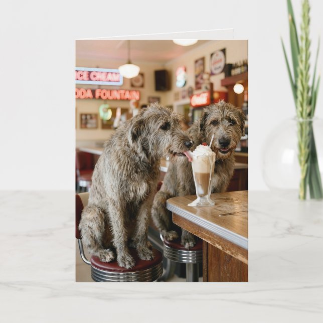 Tarjeta Birthday Irish Wolfhounds Enjoying a Milkshake (Anverso)