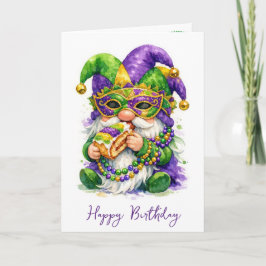 Tarjeta Birthday Mardi Gras Gnome Eating King Cake