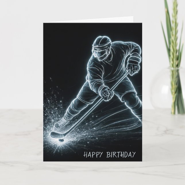 Tarjeta Birthday Neon Hockey Player On Ice (Anverso)
