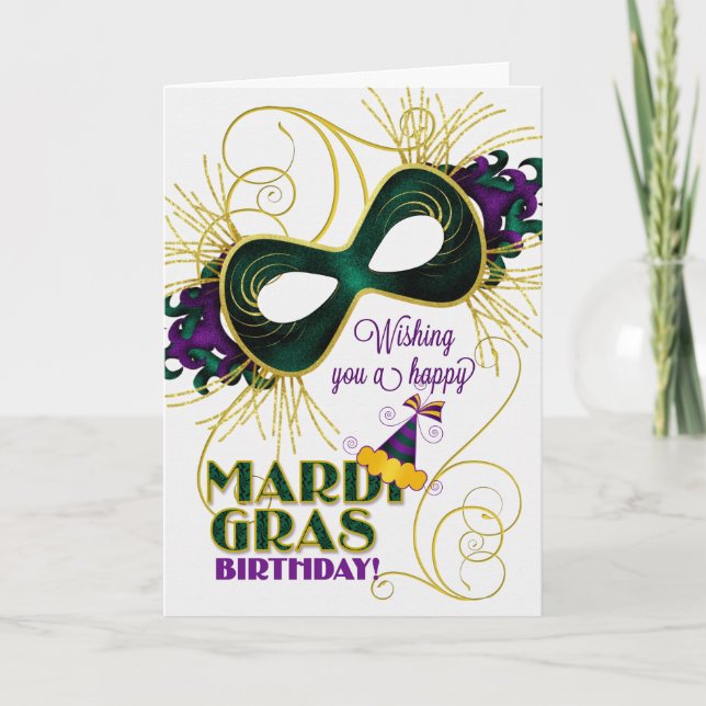 Tarjeta Birthday on Mardi Gras Traditional Colors (Anverso)