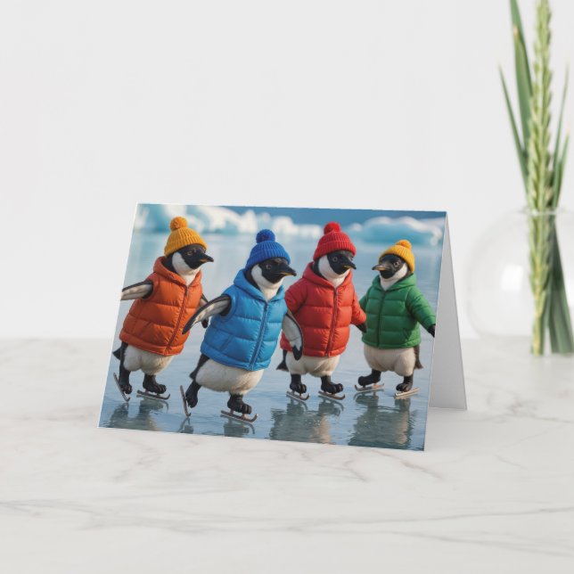 Tarjeta Birthday Penguins Ice Skating On an Arctic Lake (Anverso)