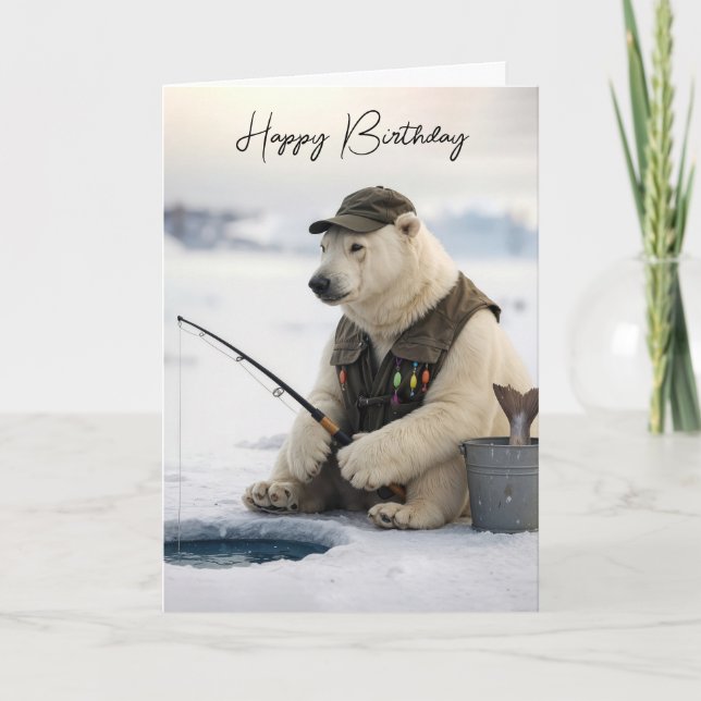 Tarjeta Birthday Polar Bear Ice Fishing (Anverso)