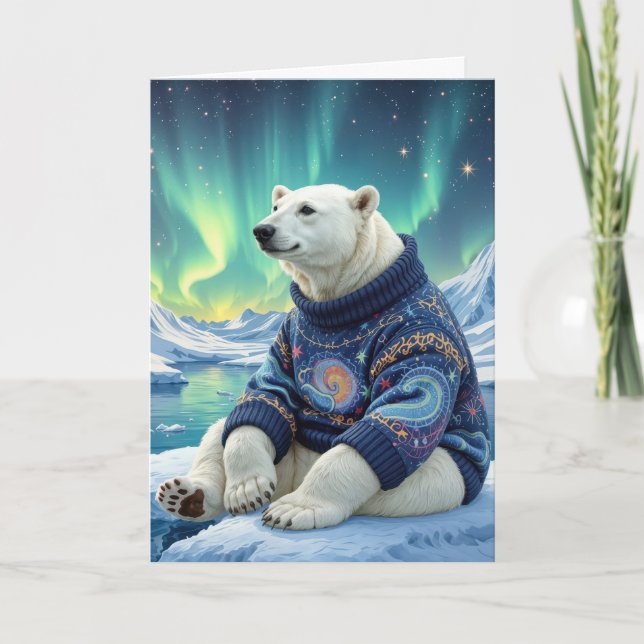 Tarjeta Birthday Polar Bear Sitting Under Northern Lights (Anverso)
