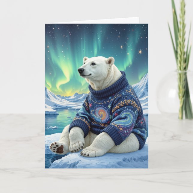 Tarjeta Birthday Polar Bear Sitting Under Northern Lights (Anverso)