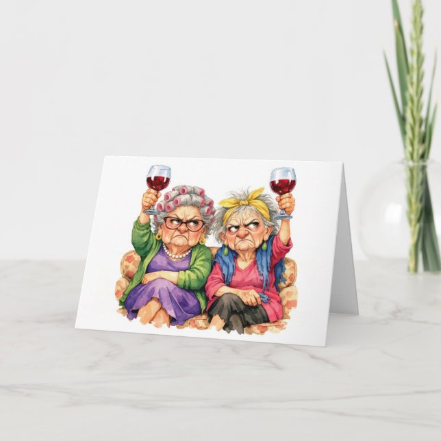 Tarjeta Birthday Quirky Old Ladies with Red Wine (Anverso)