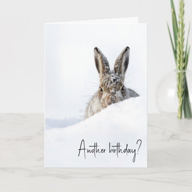 Tarjeta Birthday Rabbit Peeking Over a Snowdrift (Anverso)