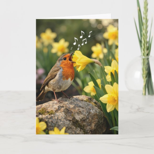 Tarjeta Birthday Robin Singing into a Spring Daffodil (Anverso)