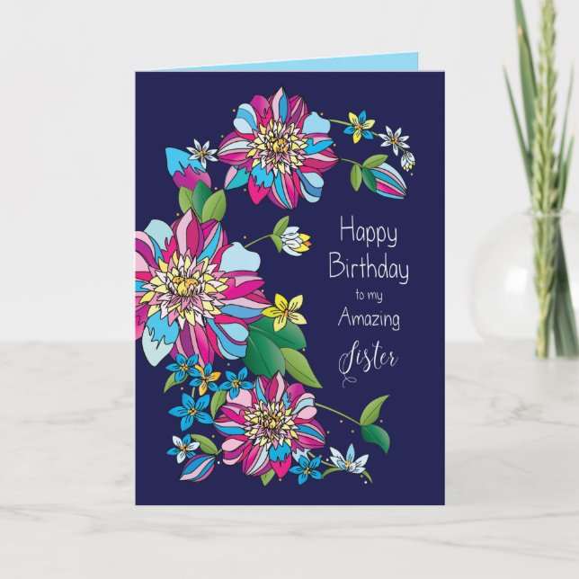 Tarjeta Birthday, Sister, Bright & Colorful Flowers (Anverso)