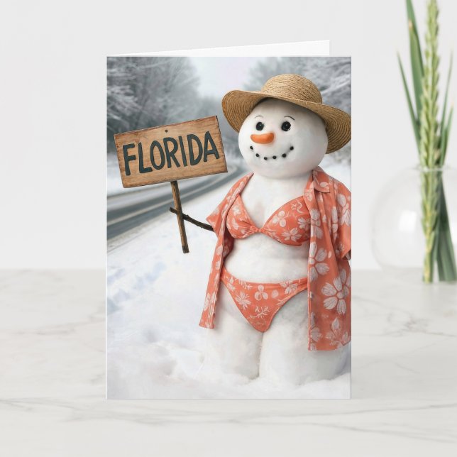 Tarjeta Birthday Snow Lady Hitchhiking With Sign (Anverso)