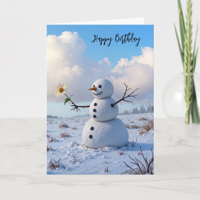 Tarjeta Birthday Snowman Holding a White Daisy (Anverso)