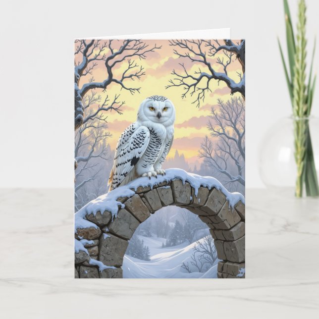 Tarjeta Birthday Snowy Owl On a Stone Arch (Anverso)