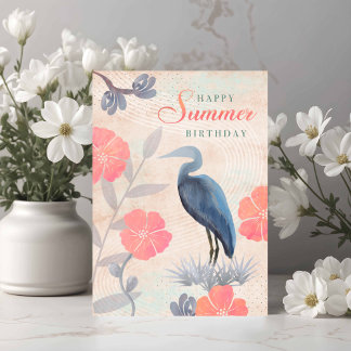 Tarjeta Birthday Summer Leaves Flowers and Heron 