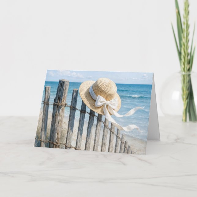Tarjeta Birthday Summer Straw Hat On Beach Fence (Anverso)