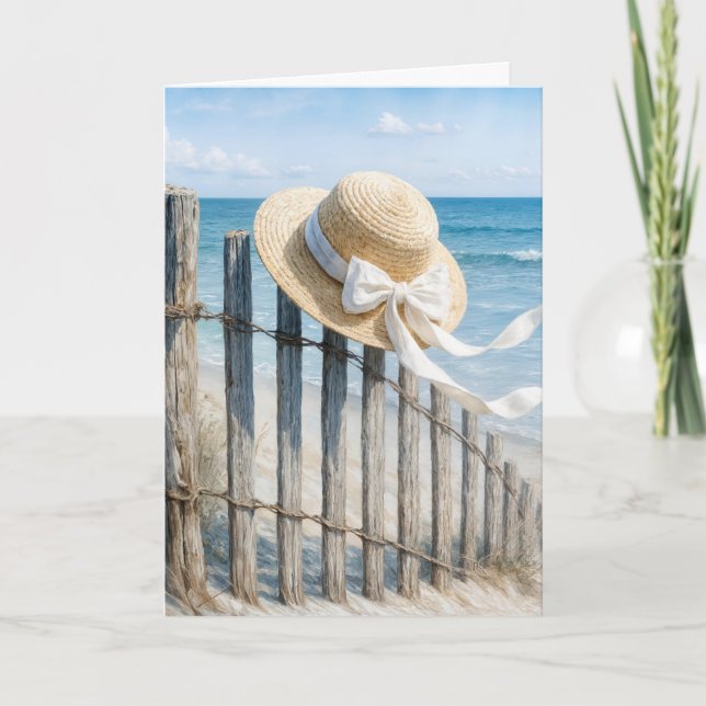 Tarjeta Birthday Summer Straw Hat On Beach Fence (Anverso)