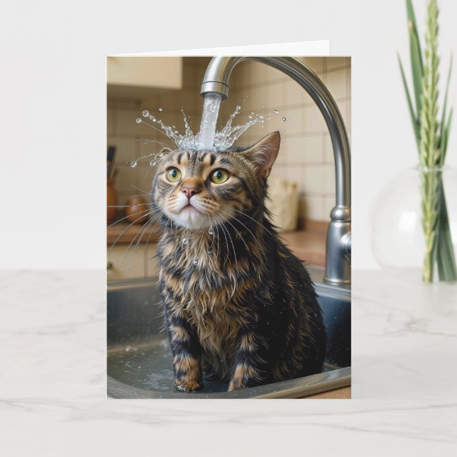 Tarjeta Birthday Tabby Cat Under a Kitchen Faucet (Anverso)