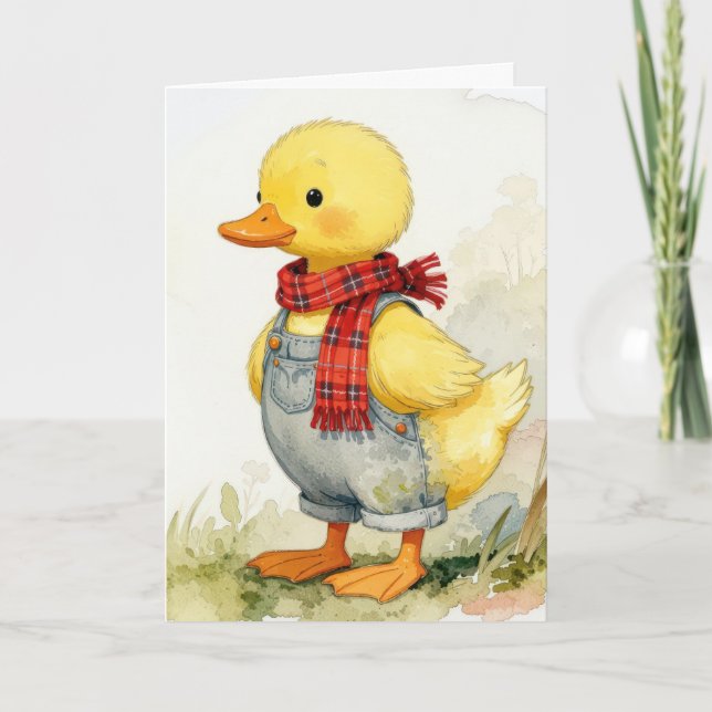Tarjeta Birthday Watercolor Duck In Overalls (Anverso)