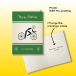 Tarjeta Birthday wheel man funny cyclist green<br><div class="desc">This birthday card is full of fun for any keen cyclist, and the text is fully customizable. On the front, a pictogram cyclist is depicted with a wheel for a head, with the greeting "Happy Birthday" (change this to suit) and the caption underneath "to a wheel man" (also editable -...</div>