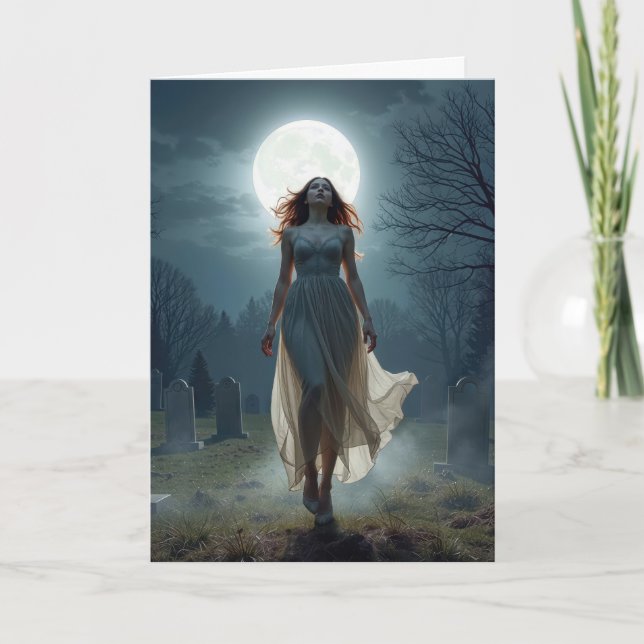 Tarjeta Birthday Woman Walking In a Moonlit Cemetery (Anverso)