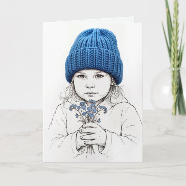Tarjeta Birthday Young Girl In a Blue Knit Hat (Anverso)