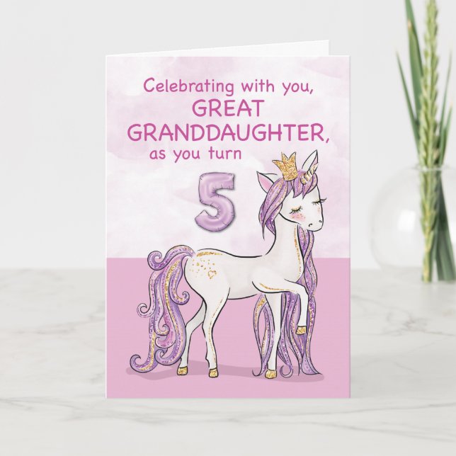 Tarjeta Bisnieta Cumpleaños 5 Rosa Caballo (Anverso)