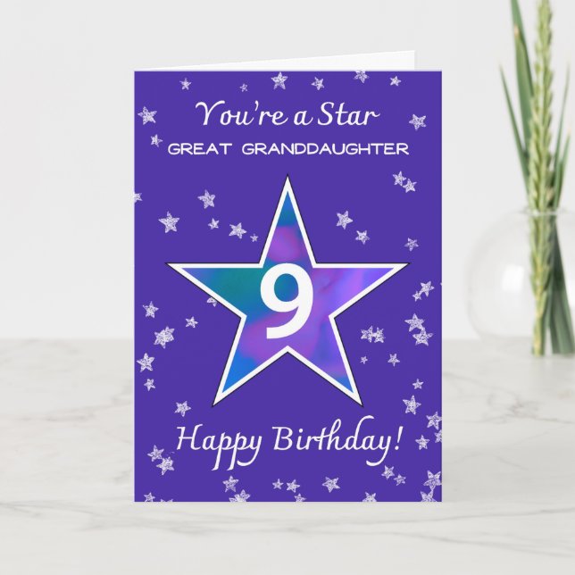 Tarjeta Bisnieta cumpleaños número 9 Estrella Brillante (Anverso)