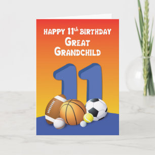 Tarjeta Bisnieto, cumpleaños 11 niño pelotas deportivas