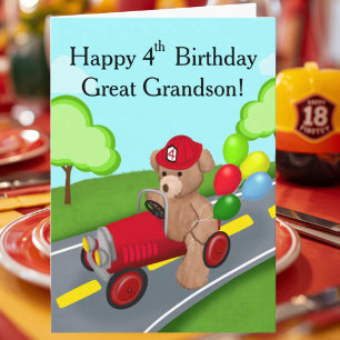 Tarjeta Bisnieto Feliz Cumpleaños 4 Oso Camión de Bomberos